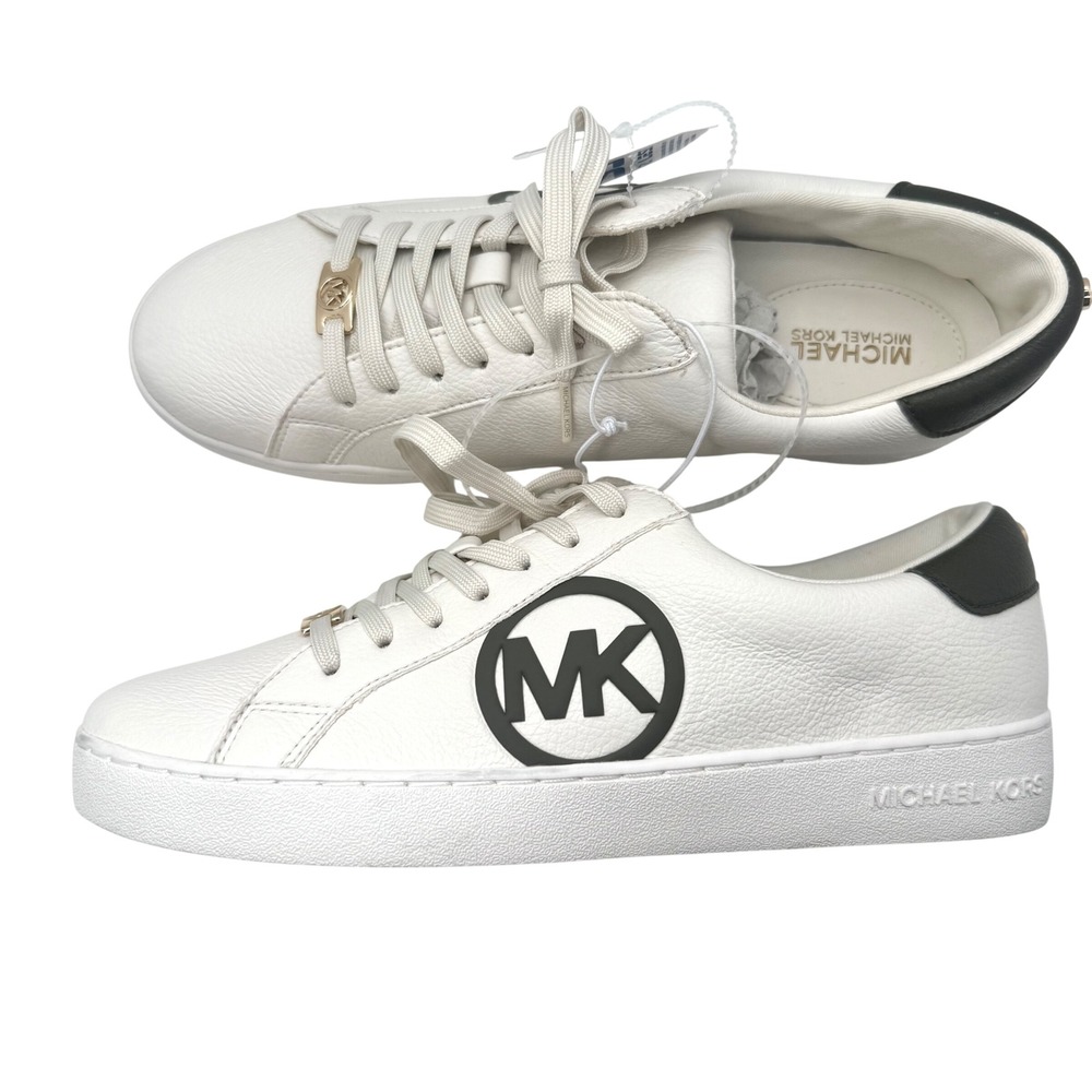 Michael Kors MK Faux Leather Sneakers White Dark Green Trim Women's Size 10 NEW